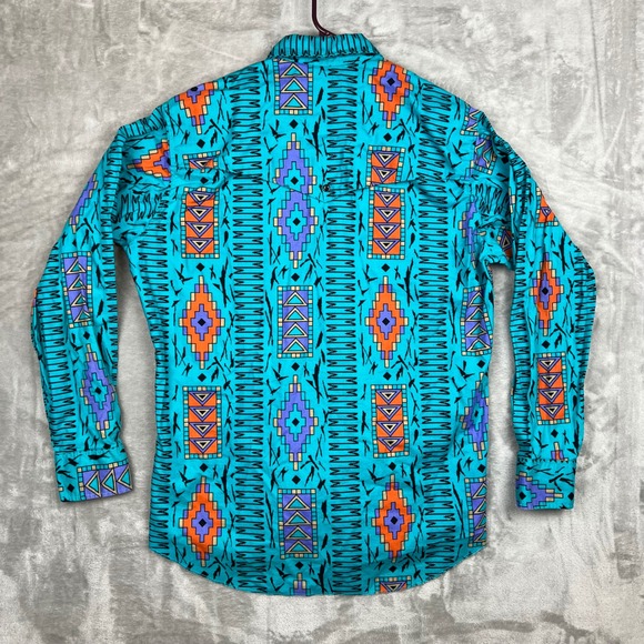 Wrangler Cowboy Cut Aztec Western Shirt Mens 16.5-35 Turquoise Geometric Cotton - Picture 7 of 12